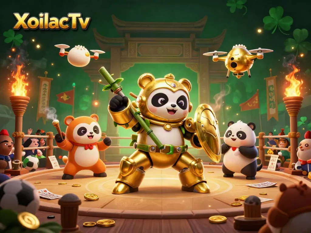 XoilacTv presents an action-packed sports betting arena with a golden panda character piloting a unique robot amidst cheering spectators.