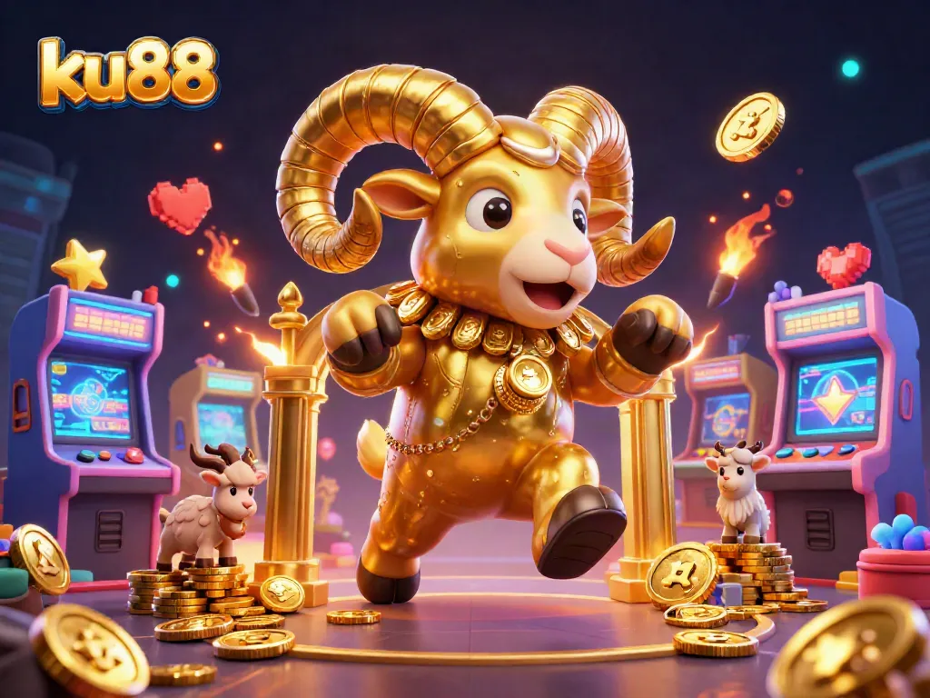 ku88 showcases exciting 3D casino excitement with a golden ram and colorful gaming elements