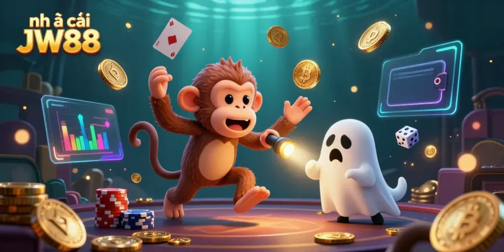 Engage with the whimsical scene of nhà cái JW88 as a poltergeist monkey juggles casino treasures while being followed by a curious ghost-hunter puppy.