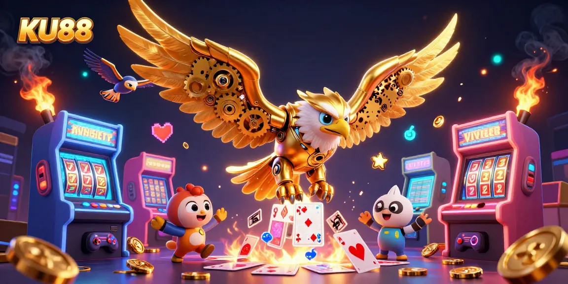 Engage with KU88's vibrant casino experience featuring animated golden eagle and slot games.