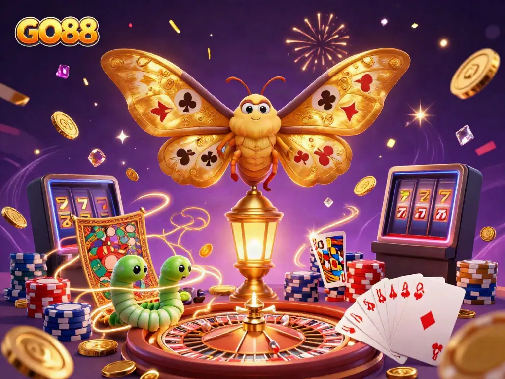 Join the excitement with GO88: a vibrant illustration showcasing golden wings, casino treasures, and festive elements.