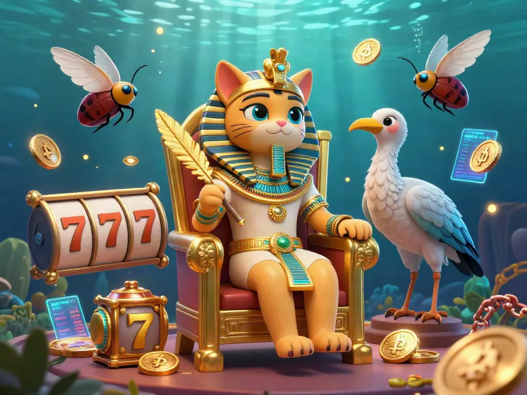 Experience the excitement of JUN88 with a vibrant 3D casino scene featuring a pharaoh cat, ibis scribe, and gambling elements.