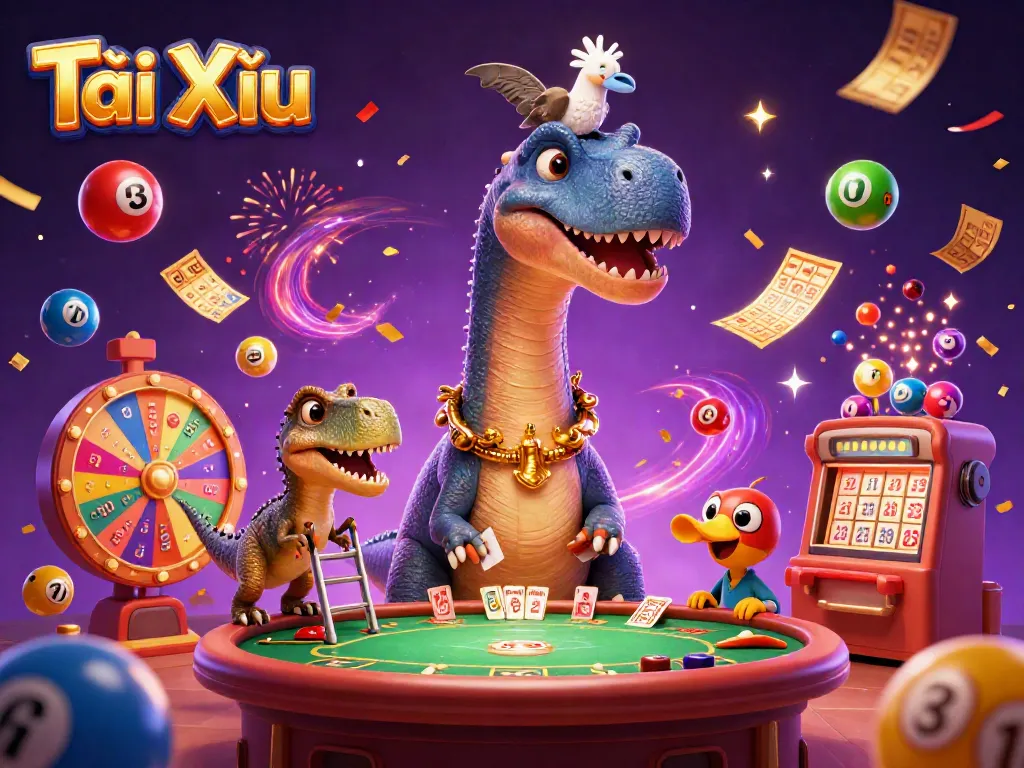 Tài Xỉu illustrates a colorful casino scene with a brontosaurus and raptor amidst excitement.