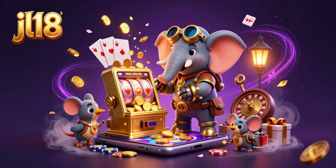 Spin the reels at jl18 with a playful steampunk elephant in a vibrant casino scene.