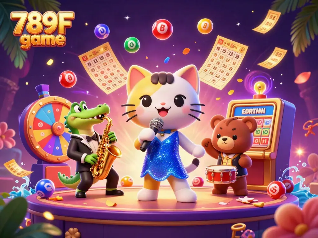 Experience thrilling moments in the 789F game with a lively casino scene featuring jazz-singer cat, alligators, and dynamic game elements.