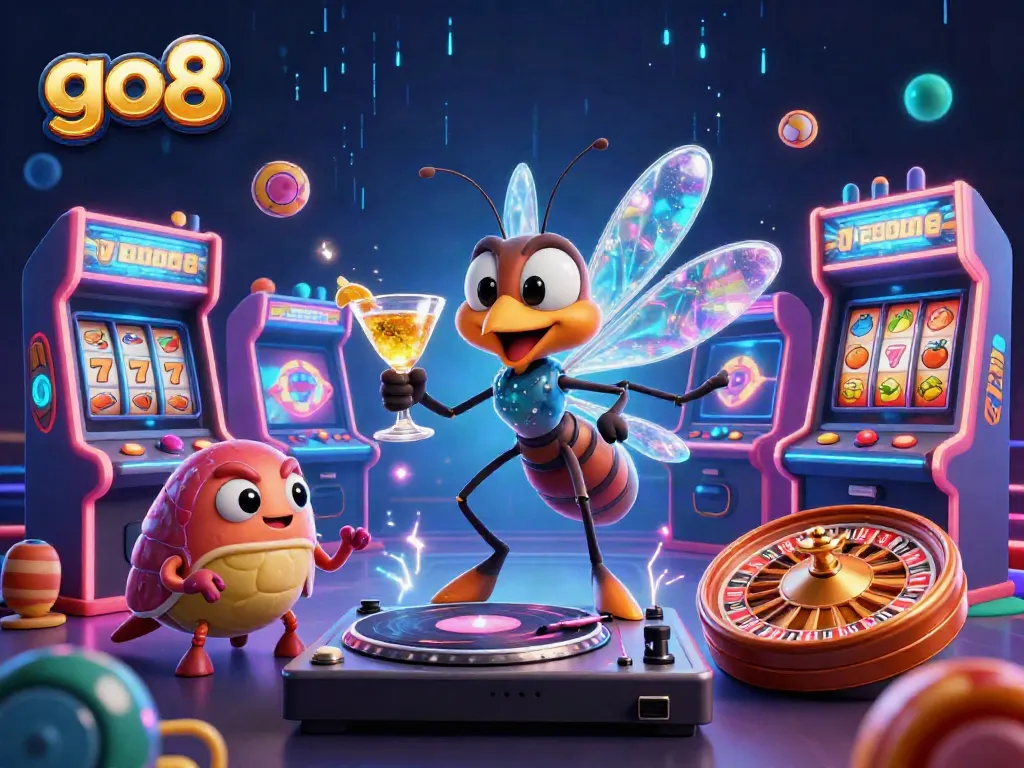 Experience go8's unique casino atmosphere with vibrant, animated casino characters and elements.