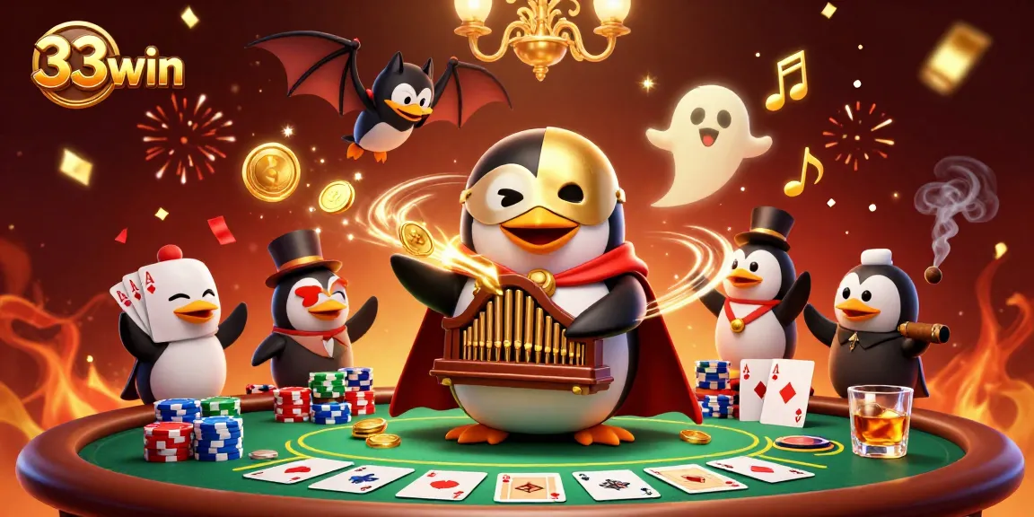 33win engages players with a vibrant casino scene featuring a phantom opera penguin and dynamic poker elements.