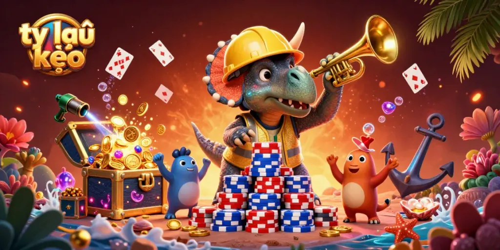 Experience the thrill of tỷ lệ kèo as colorful characters celebrate winnings in a vibrant casino scene.
