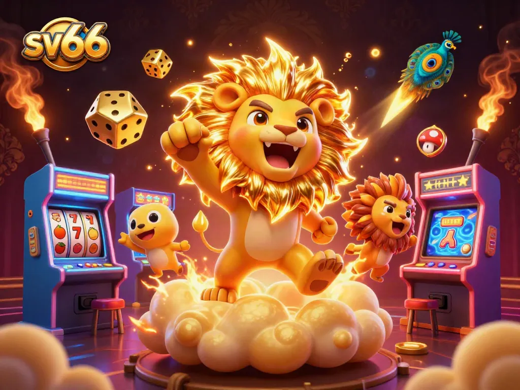 Experience the thrill of sv66 with a roaring sun lion, dynamic gaming elements, and casino excitement.