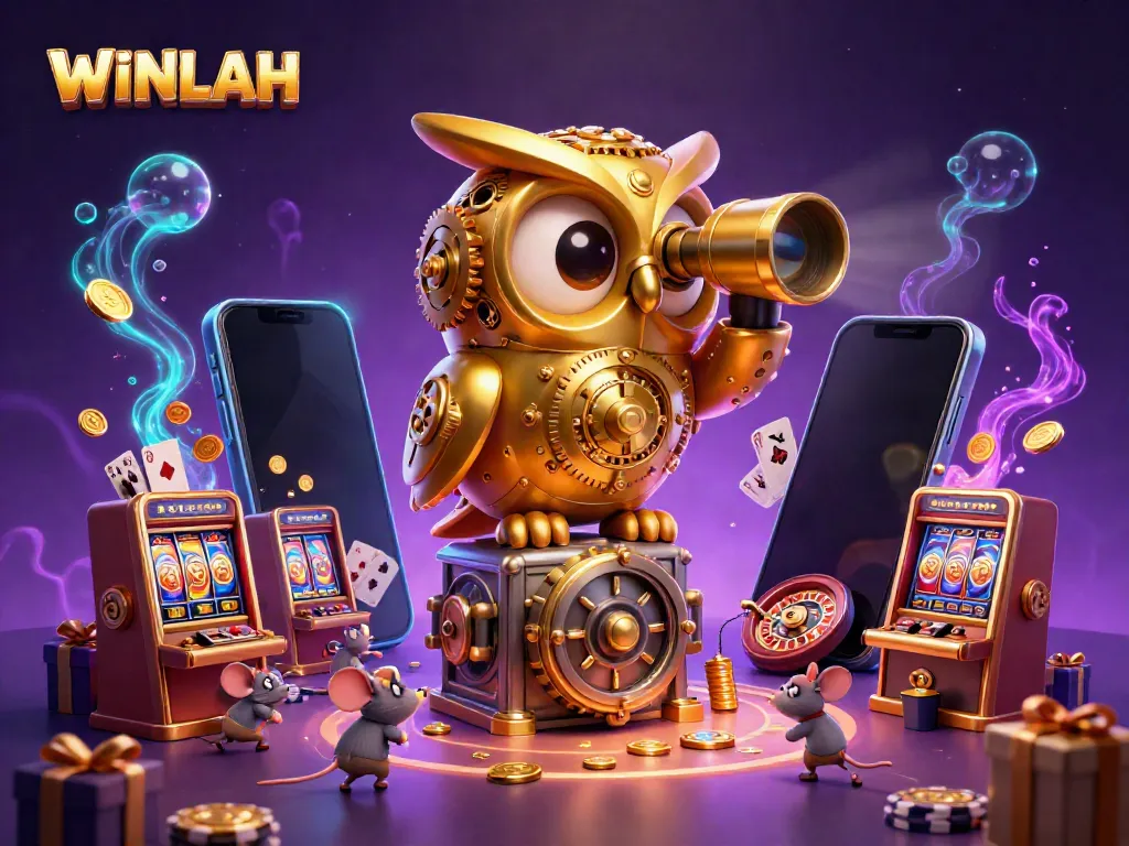 WINLAH owl watches over animated casino scene full of games and excitement.