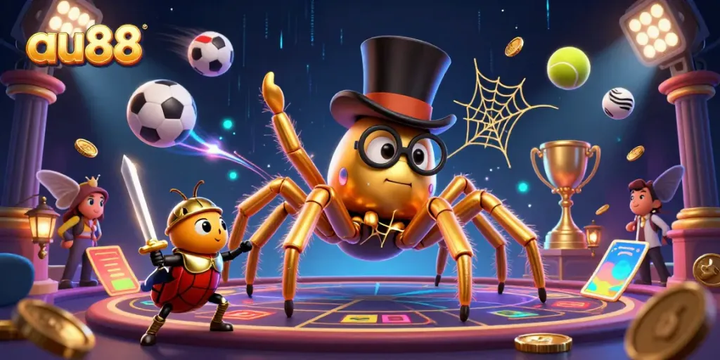Engage in dynamic gambling action with au88's vibrant 3D illustration showcasing adventure and gaming.