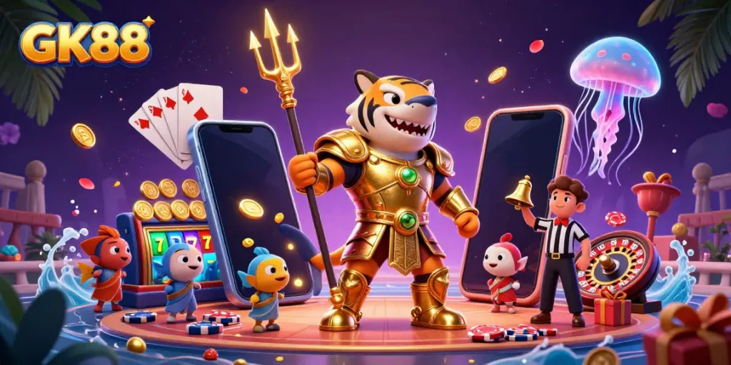 Unleash your luck with GK88 in this vibrant scene showcasing a tiger shark and dynamic casino elements.