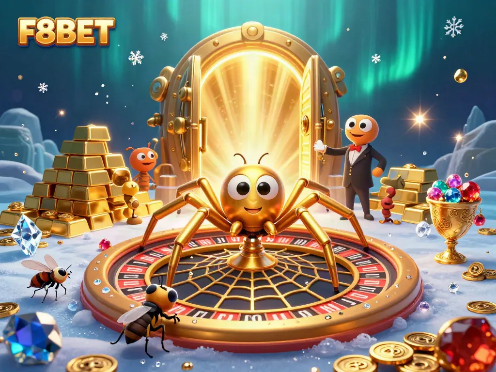 Engage with the thrilling world of F8BET as a golden spider spins a roulette wheel web surrounded by gems and treasures.