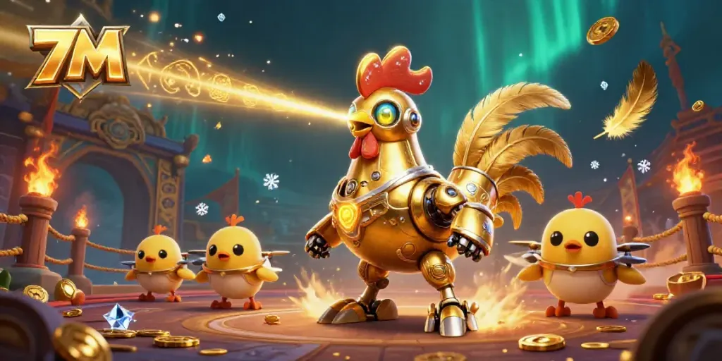 Experience the excitement of 7M live scores with a dynamic illustration of advanced betting technology and a golden rooster character.
