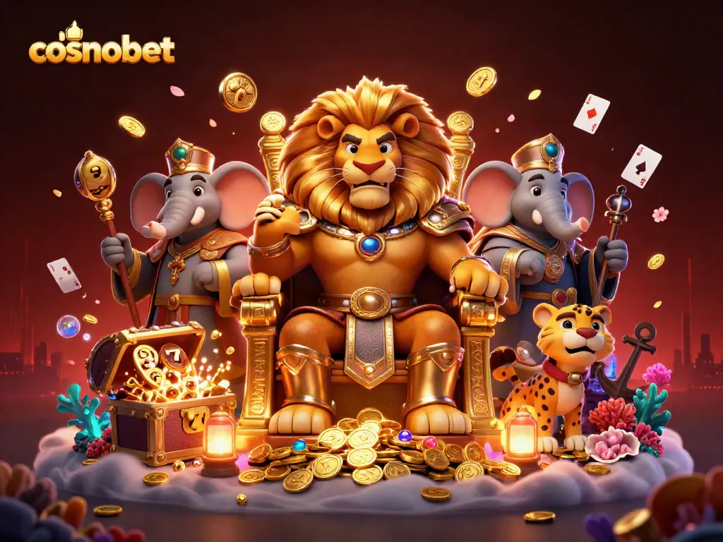 Experience exciting gameplay at Cosmobet with a lion king, elephant advisor, and cheetah messenger.