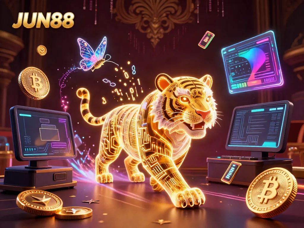Engage with JUN88 in a vibrant digital casino scene filled with neon elements and cryptocurrency coins
