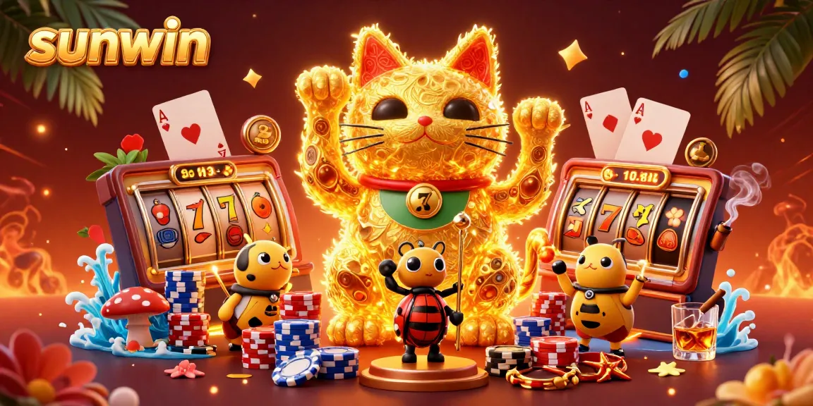 Experience sunwin's dynamic gaming with a cartoon lucky cat surrounded by vibrant casino symbols.