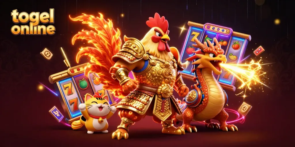 Spin the reels and win big with togel online, featuring a fierce warrior rooster and dragon hatchling.