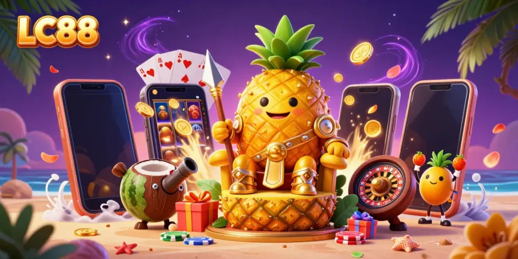 Experience thrilling gameplay with the LC88 pineapple king and lively casino elements.