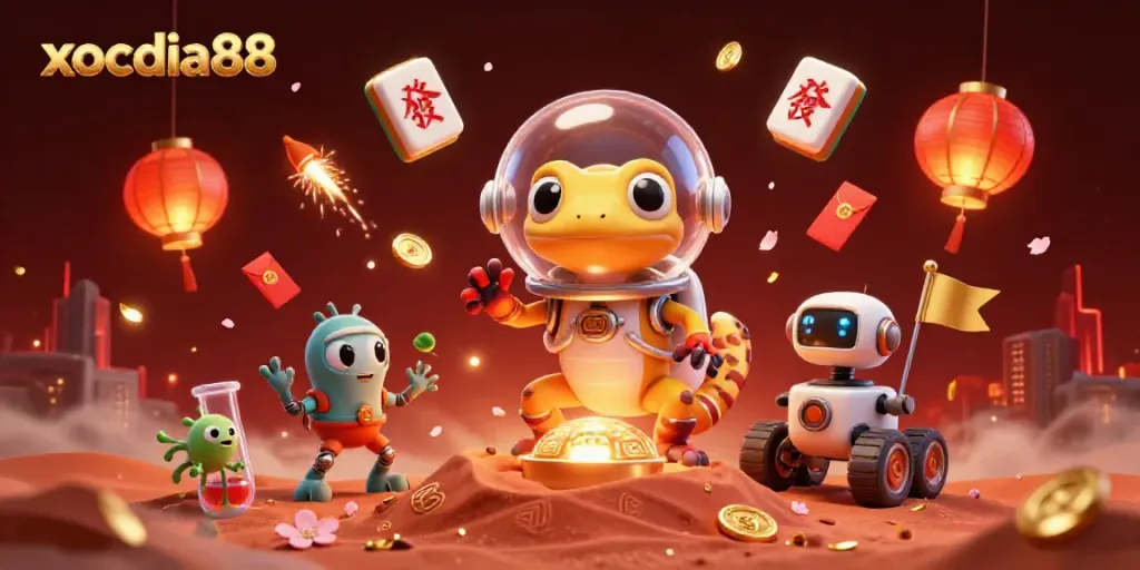 xocdia88 Martian gecko explores a golden casino on Mars, surrounded by festive gaming elements.