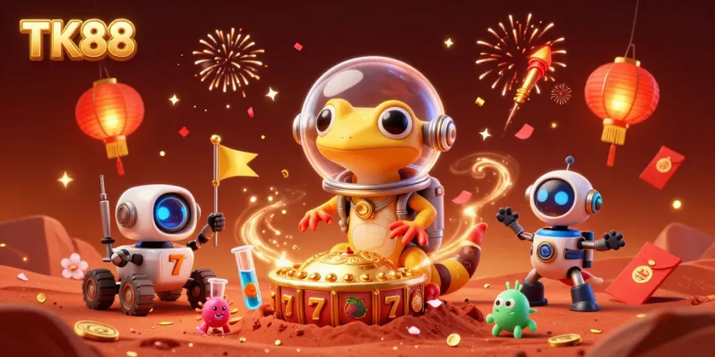 Engage in the thrill of TK88 casino adventures with a Martian gecko uncovering treasures.