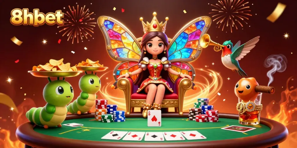 Experience the excitement of 8xbet with a vibrant casino-themed illustration featuring dynamic characters and rich details.