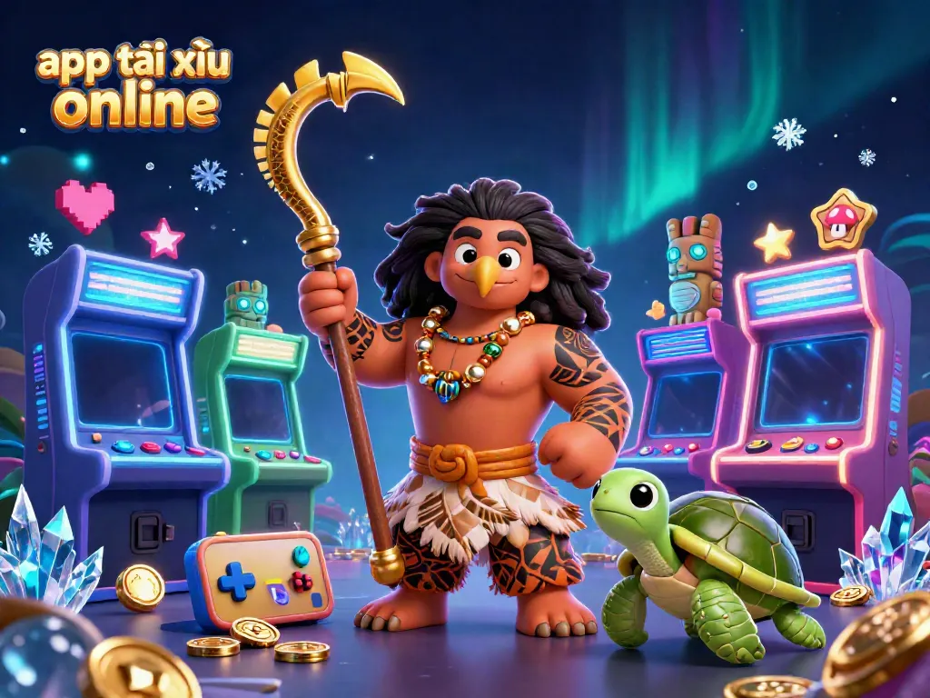 Engaging scene of app tài xỉu online demigod and turtle enjoying vibrant casino arcade elements.