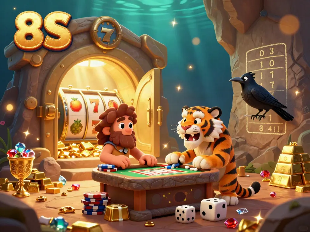 Experience the excitement of 8S with a vibrant 3D casino scene featuring cartoon characters in a prehistoric setting.
