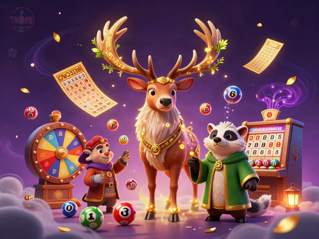 Play the TN88 lottery amidst vibrant characters and dazzling casino elements, enhancing excitement.