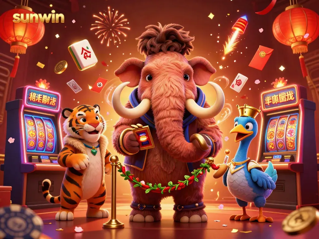 Engage with sunwin's thrilling casino world featuring colorful characters, slot machines, and festive decorations.