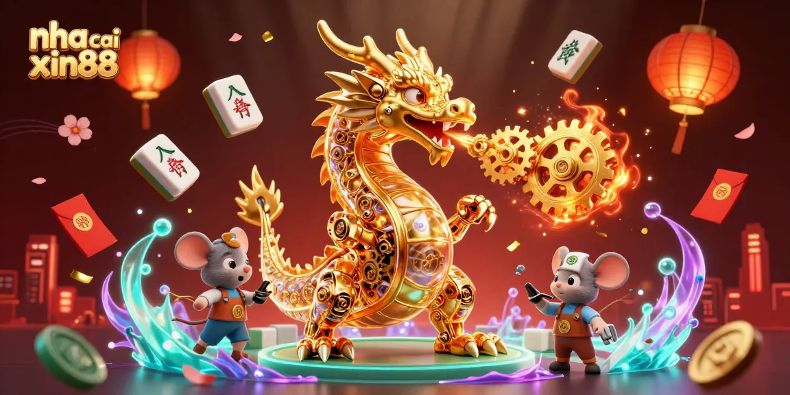 Experience thrilling action with nha cai xin88 featuring a golden dragon, mahjong tiles, and festive elements.