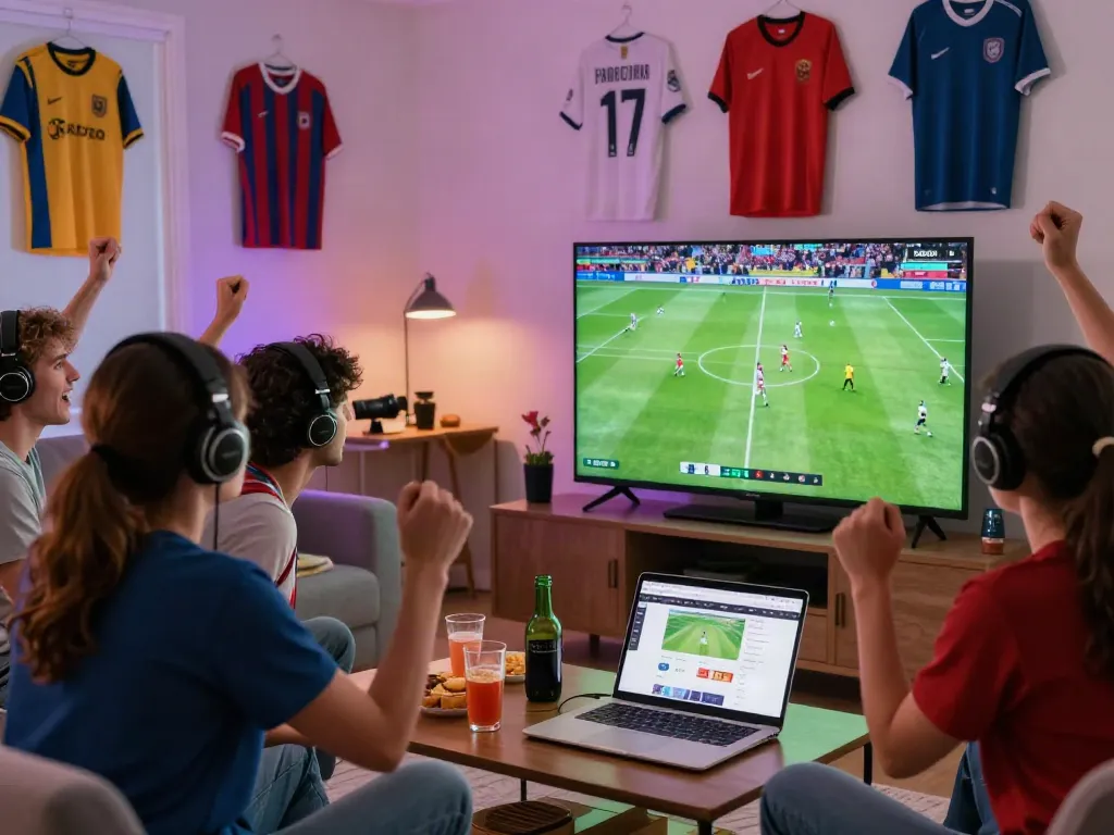 Viewer enjoying a thrilling football match on Xoilactv in a lively home setting.