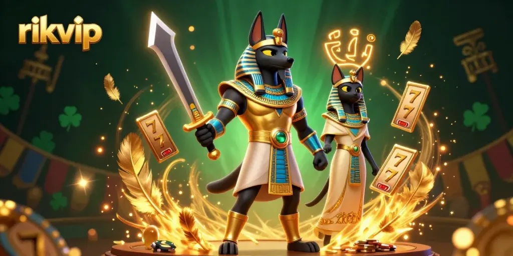 Experience dynamic gaming with rikvip in a vibrant casino scene featuring Anubis and Bastet.