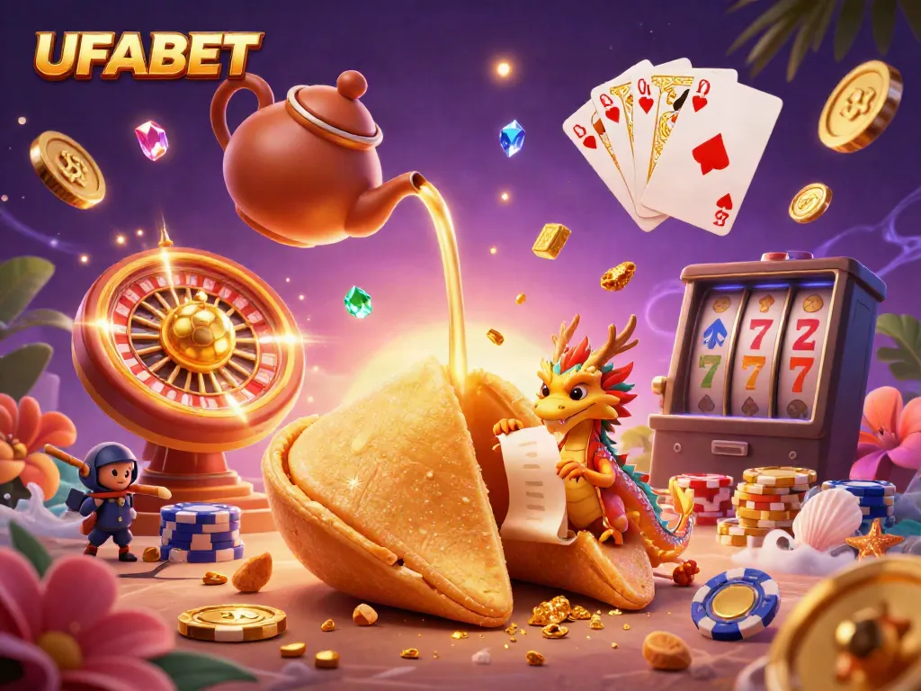 Experience UFABET's gaming excitement with a wise dragon and golden fortune cookie in a vibrant 3D casino scene.