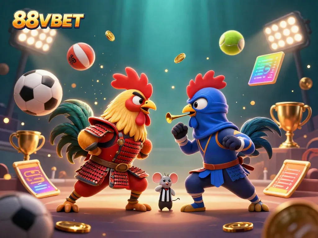 Experience an exciting showdown at 88VBET with dynamic roosters, sports elements, and vibrant casino action.