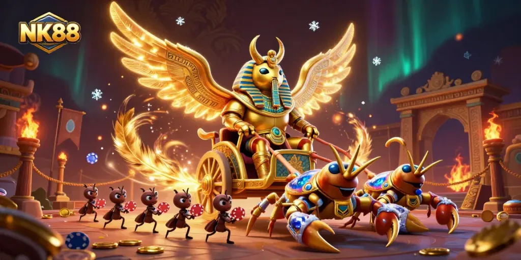 Engage with NK88's thrilling gaming world, showcasing a golden scarab, scorpions, and poker chips.