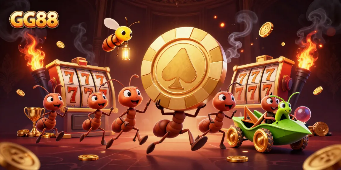 Experience GG88 with a dynamic scene of ants on a heist, encountering golden poker elements and slot symbols.
