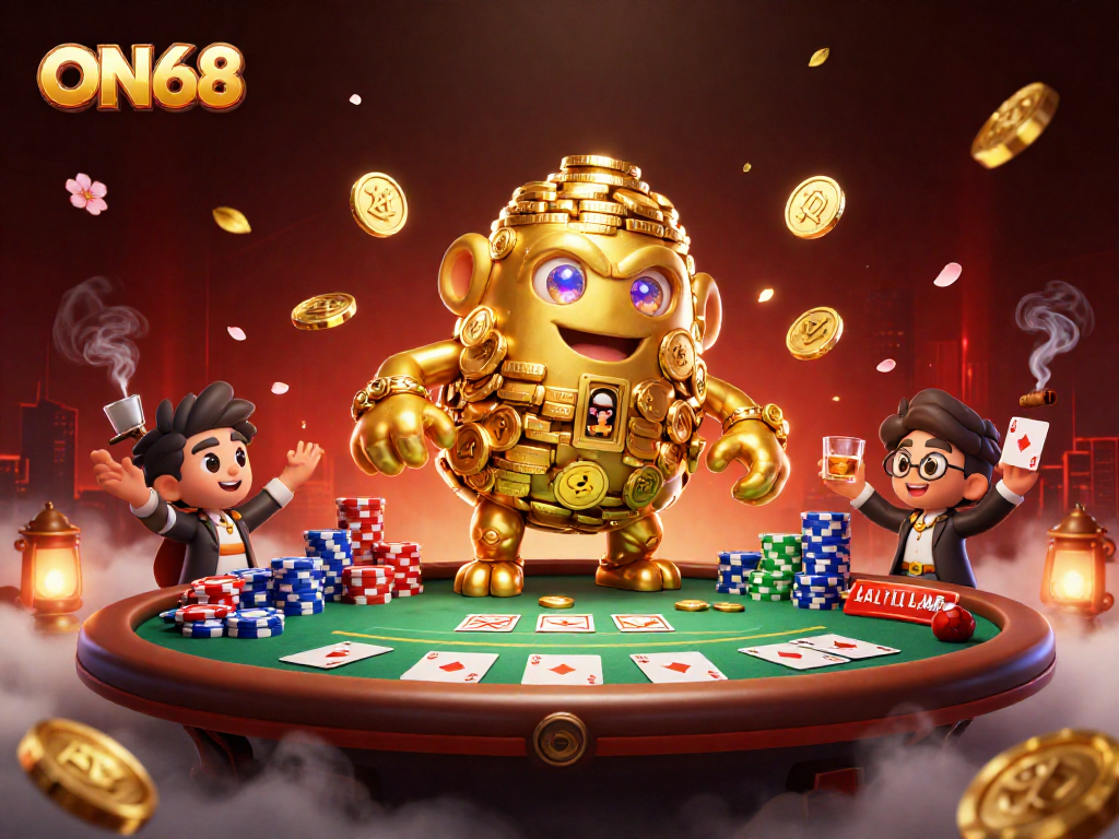 Experience thrilling gameplay at ON68 with the golden golem, poker chips, and lively casino atmosphere.