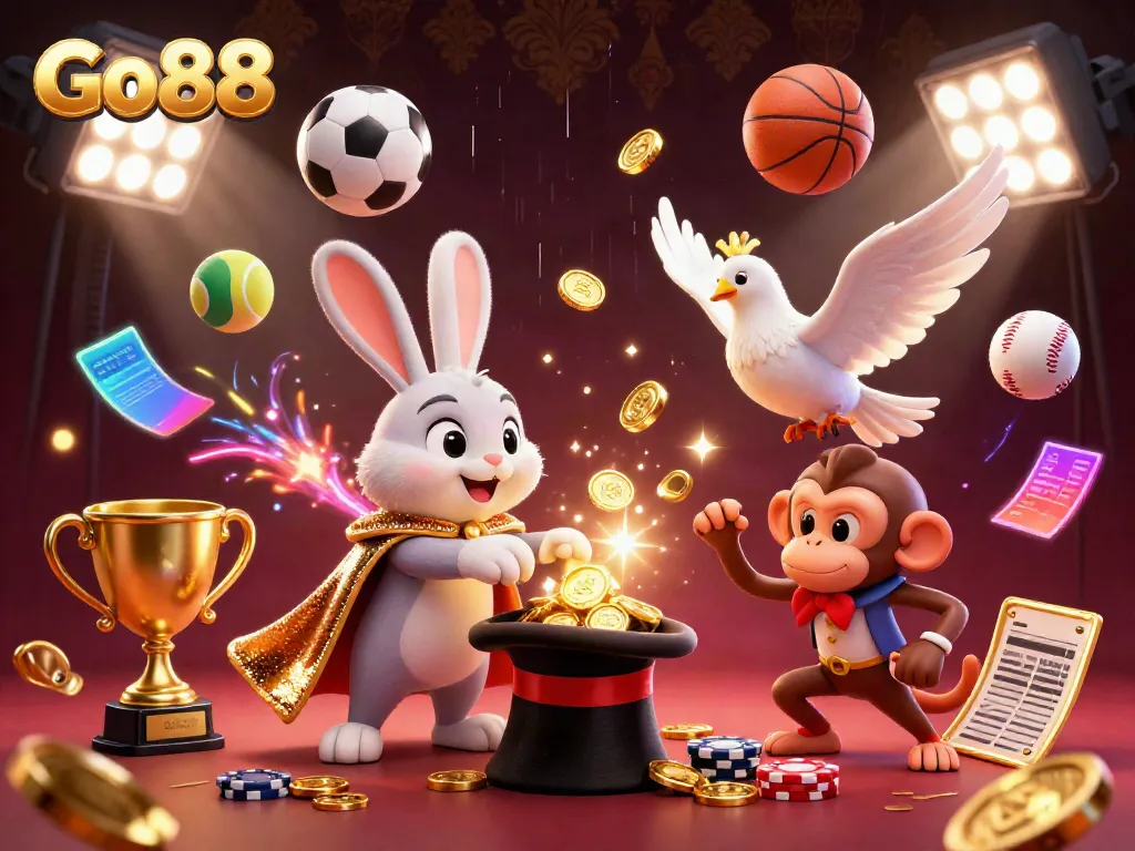 Go88 magician rabbit showcases golden coins in a lively casino atmosphere filled with sports elements