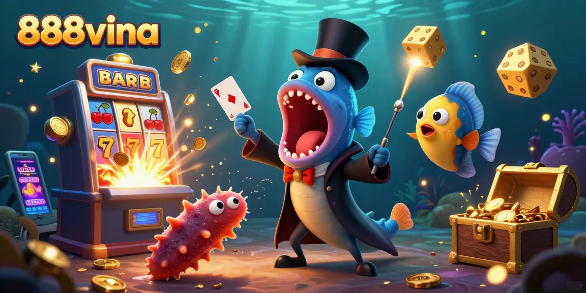 Experience 888vina's excitement with a magical underwater casino scene full of card tricks and jackpots.