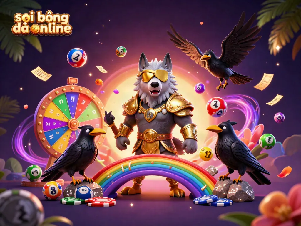 Engaging 3D illustration of soi kèo bóng đá online with Odin, ravens, and casino elements.