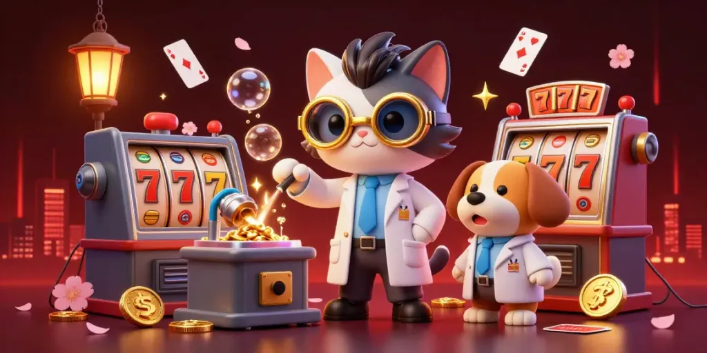 Experience the thrill of TN88 with a mad scientist cat creating treasures in a dynamic casino scene.