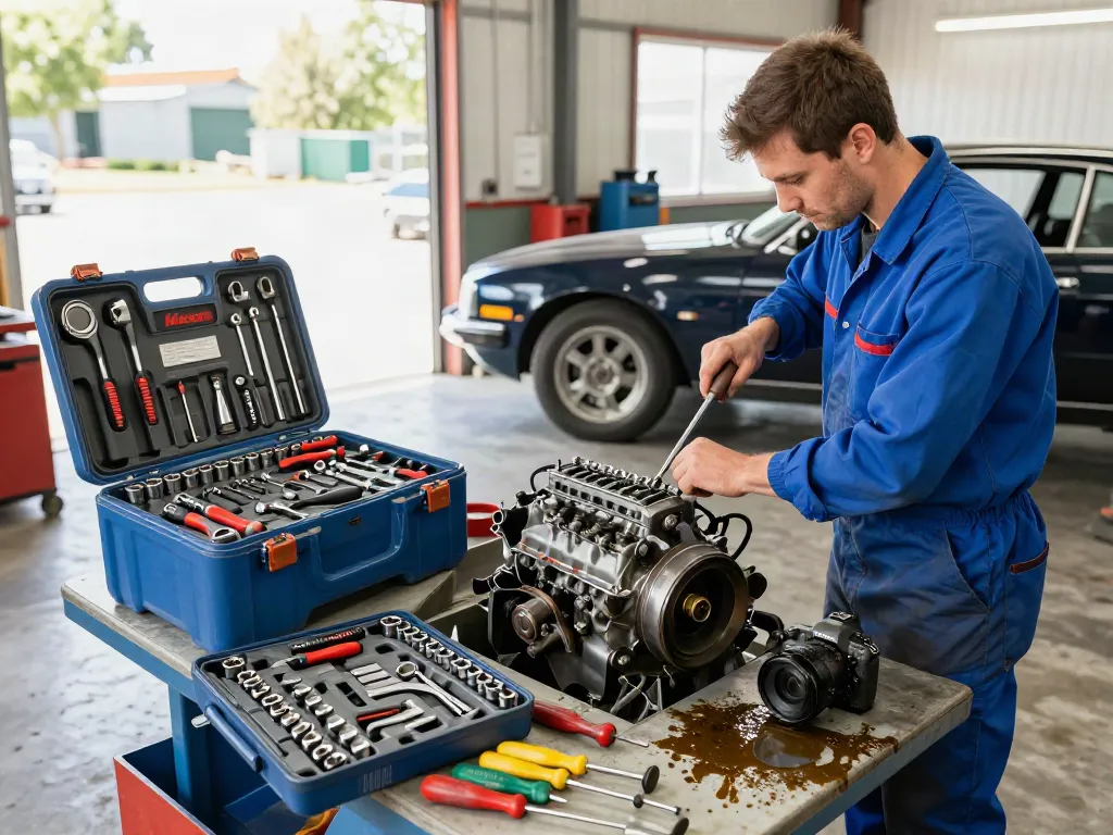 Koken tools UK showcased in a mechanic's workshop with a skilled professional working on a vintage car engine.