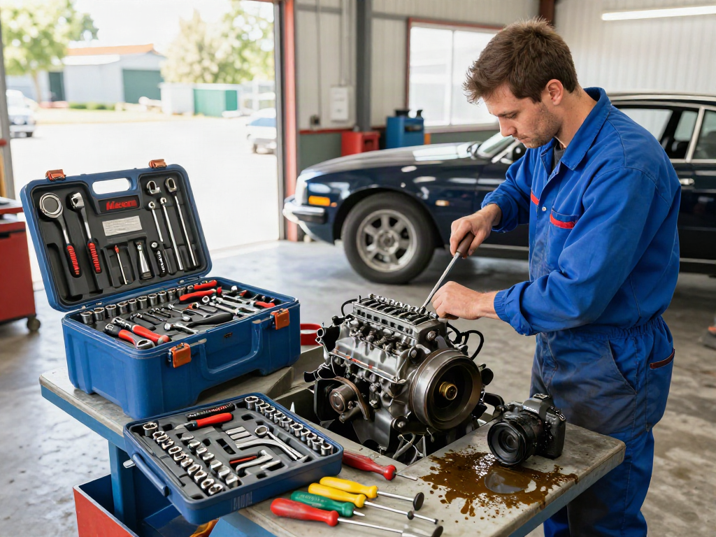 Koken tools UK showcased in a mechanic's workshop with a skilled professional working on a vintage car engine.