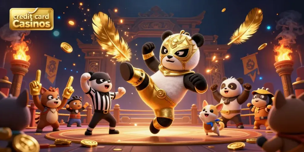 Exciting scene showcasing credit card casinos with a panda wrestler kicking, tiny animal spectators cheering, and vibrant casino elements