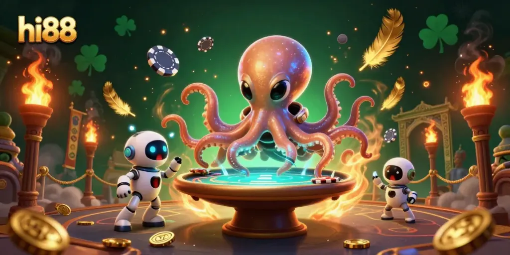 Engage in thrilling poker action with hi88 featuring a vibrant alien octopus and dynamic casino elements.