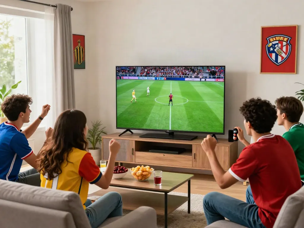 Friends enjoying a live soccer match on Gavangtv in a lively living room setting.
