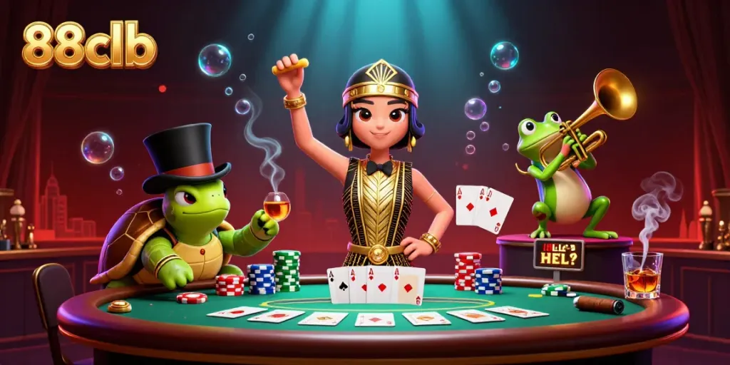 Engage in thrilling games at 88clb with stylish characters in a vibrant casino scene.