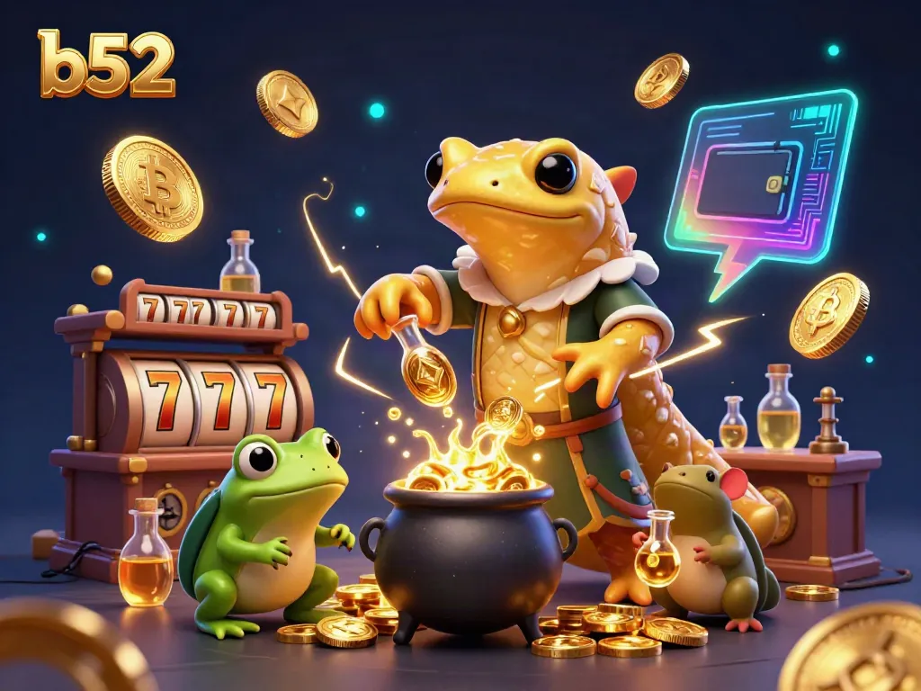 Experience the excitement of b52 with vibrant gold coins, slot machines, and digital elements in a magical casino fantasy.