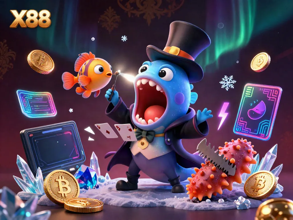 Experience exhilarating card magic with X88’s deep-sea characters in this vibrant casino-themed illustration.